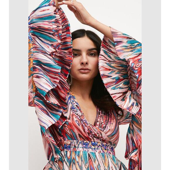 Karen Millen Beaded Embellished Drama Kimono Top Size 6 Wide Long Sleeves - Picture 3 of 13